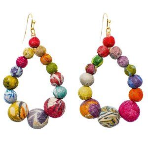 Fair Trade Large Teardrop Earrings Recycled Kantha Fabric Bead Boho Hand Crafted
